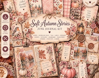 May include: A junk journal kit titled Soft Autumn Stories featuring various paper sheets, tags, labels, and ephemera with autumn-themed illustrations of pumpkins, leaves, birds, and landscapes in soft pink, brown, and orange tones.