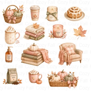 Puede incluir: Una colecci&oacute;n de ilustraciones con tem&aacute;tica oto&ntilde;al que incluye una cesta de mimbre con calabazas, una taza de caf&eacute;, una vela, un rollo de canela, una taza con nata montada, mantas dobladas, una vela de calabaza, una hoja de arce, sirope, libros, un sill&oacute;n y caf&eacute;.