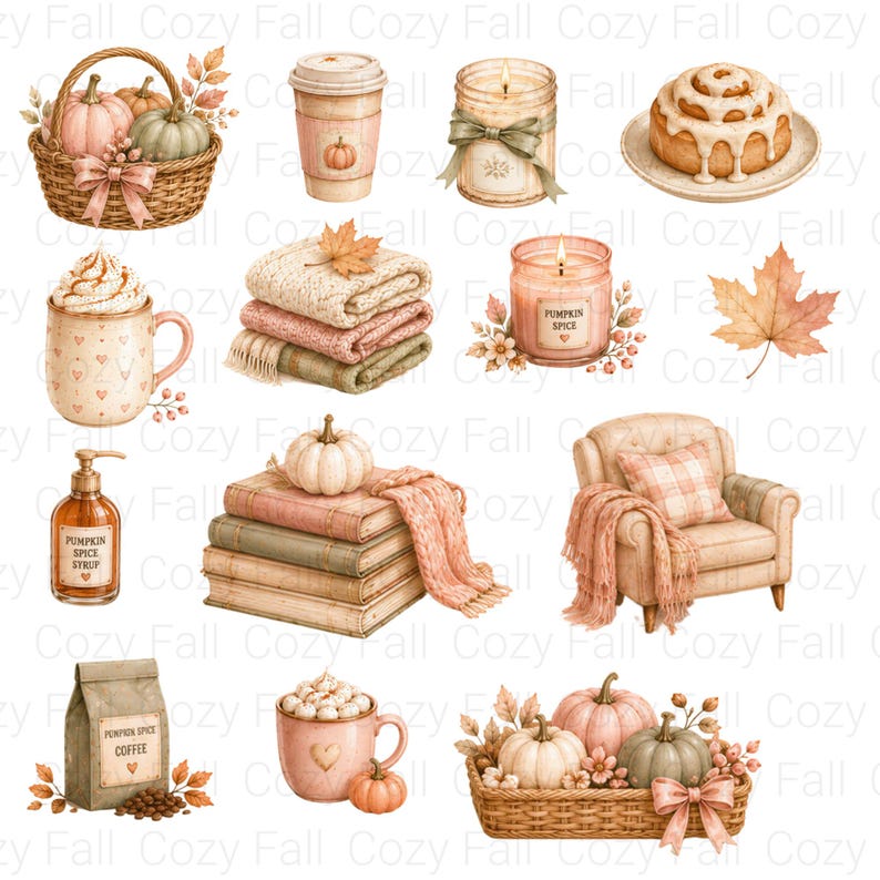 Puede incluir: Una colecci&oacute;n de ilustraciones con tem&aacute;tica oto&ntilde;al que incluye una cesta de mimbre con calabazas, una taza de caf&eacute;, una vela, un rollo de canela, una taza con nata montada, mantas dobladas, una vela de calabaza, una hoja de arce, sirope, libros, un sill&oacute;n y caf&eacute;.