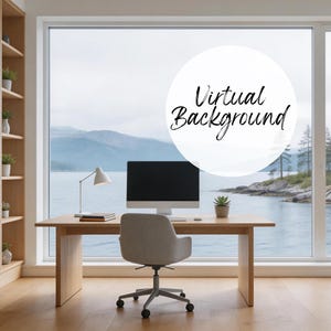 Professioneller virtueller Hintergrund, Skandinavisches Büro, Blick auf den Nordischen See, Zoom und Teams, sofortiger digitaler Download, Fernarbeit und -besprechungen