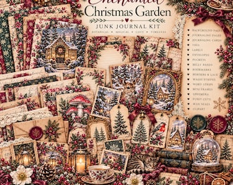 May include: Enchanted Christmas Garden junk journal kit featuring decorative papers, tags, labels, envelopes, and ephemera with botanical and winter scenes, including images of a cabin, deer, cat, birds, mushrooms, and lanterns.