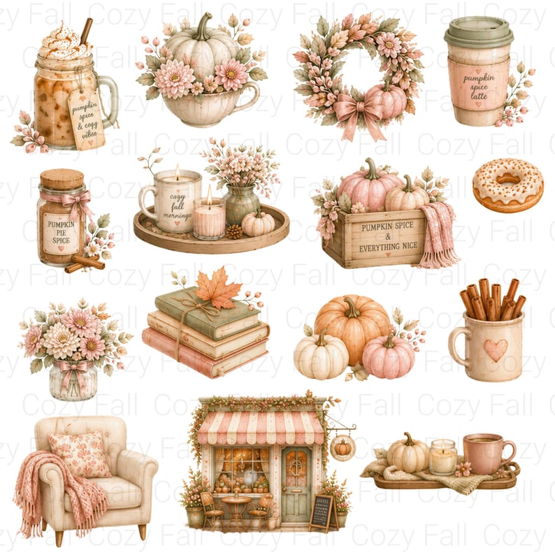 Puede incluir: Una colecci&oacute;n de ilustraciones con tem&aacute;tica oto&ntilde;al que incluye un caf&eacute; con especias de calabaza, una calabaza en una taza, una corona floral, un frasco de especias, una caja de madera con calabazas, una dona, libros, un sill&oacute;n y una tienda.