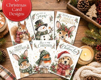 6 Printable Christmas Cards Bundle, Cute Woodland Animals, Watercolor Holiday Greeting Cards, 5x7 JPG PDF, Instant Download