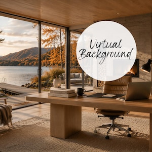 Puede incluir: Un fondo virtual digital que muestra una oficina con un escritorio de madera, un portátil y una silla. Una gran ventana da a un lago con árboles de otoño y un muelle. Un círculo blanco muestra el texto en negro Virtual Background.