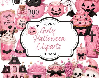 May include: A collection of pink and black Halloween-themed digital illustrations featuring a black cat in a mug, a skeleton, a pumpkin bucket, a cupcake, a haunted house, a potion bottle, a cauldron, and a jar labeled Spooky Treats.
