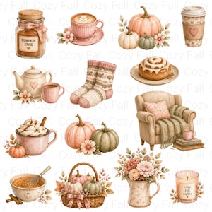 Puede incluir: Una colecci&oacute;n de ilustraciones con tem&aacute;tica oto&ntilde;al que incluye un frasco de especias de calabaza, tazas de caf&eacute;, calabazas, calcetines estampados, un rollo de canela, un sill&oacute;n con manta, una cesta de calabazas, un jarr&oacute;n floral y una vela con el texto Cozy Fall.