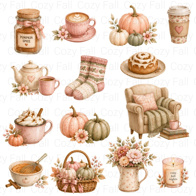 Puede incluir: Una colecci&oacute;n de ilustraciones con tem&aacute;tica oto&ntilde;al que incluye un frasco de especias de calabaza, tazas de caf&eacute;, calabazas, calcetines estampados, un rollo de canela, un sill&oacute;n con manta, una cesta de calabazas, un jarr&oacute;n floral y una vela con el texto Cozy Fall.