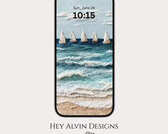 May include: A smartphone displays a serene beach scene with five sailboats on turquoise waves under a blue sky with clouds. The time is 10:15 on June 24th. The phone's screen is framed by a black border. The text "HEY ALVIN DESIGNS" is at the bottom.