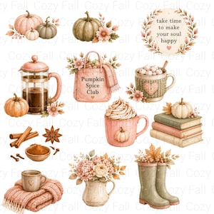 Puede incluir: Una colecci&oacute;n de ilustraciones con tem&aacute;tica oto&ntilde;al que incluye calabazas, una prensa francesa, un bolso con la etiqueta Pumpkin Spice Club, tazas con nata montada, libros, ramas de canela, un jarr&oacute;n con flores y botas de agua verdes.