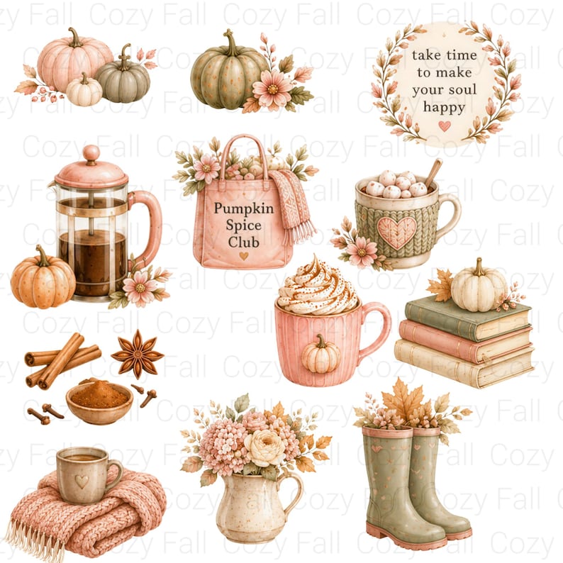 Puede incluir: Una colecci&oacute;n de ilustraciones con tem&aacute;tica oto&ntilde;al que incluye calabazas, una prensa francesa, un bolso con la etiqueta Pumpkin Spice Club, tazas con nata montada, libros, ramas de canela, un jarr&oacute;n con flores y botas de agua verdes.