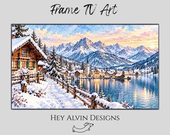 Winter Alpine Village Frame TV Art, Christmas Samsung Frame TV Art, Snowy Mountain Lake Watercolor, Cozy Winter Landscape, Digital Download