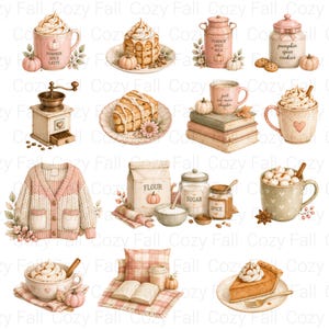 Puede incluir: Una colecci&oacute;n de ilustraciones en acuarela con art&iacute;culos acogedores de oto&ntilde;o, incluyendo lattes de calabaza, panqueques, galletas, un molinillo de caf&eacute;, libros, un c&aacute;rdigan de punto, ingredientes de reposter&iacute;a y trozos de pastel de calabaza.