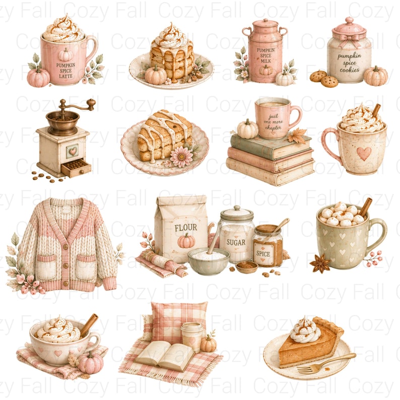 Puede incluir: Una colecci&oacute;n de ilustraciones en acuarela con art&iacute;culos acogedores de oto&ntilde;o, incluyendo lattes de calabaza, panqueques, galletas, un molinillo de caf&eacute;, libros, un c&aacute;rdigan de punto, ingredientes de reposter&iacute;a y trozos de pastel de calabaza.