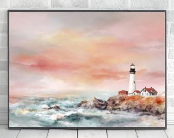 灯台に沿って描くぬり絵、水彩風景画のファインアートプリントと