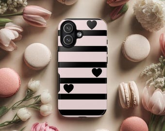 Pink Black Striped Hearts Phone Case Cute Heart Pattern Phone Case iPhone Samsung Google Pixel Gift for Her