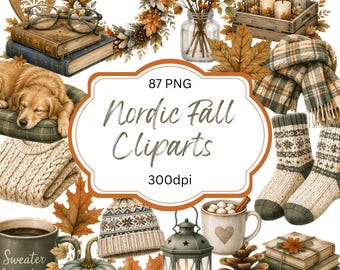 May include: A collection of digital illustrations featuring autumn-themed items including a golden retriever, books, glasses, a wreath, cotton stems, candles, a plaid scarf, knit socks, a sweater, a pumpkin, a lantern, and a mug with text 87 PNG Nordic Fall Cliparts 300dpi.