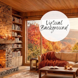 May include: A digital virtual background featuring a cozy living room with a stone fireplace, a wooden bookshelf filled with books, a beige sofa with a rust-colored throw blanket, and a coffee table with an open book, all overlooking an autumn forest.