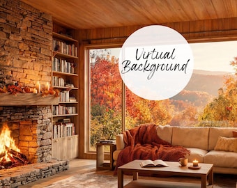 May include: A digital virtual background featuring a cozy living room with a stone fireplace, a wooden bookshelf filled with books, a beige sofa with a rust-colored throw blanket, and a coffee table with an open book, all overlooking an autumn forest.