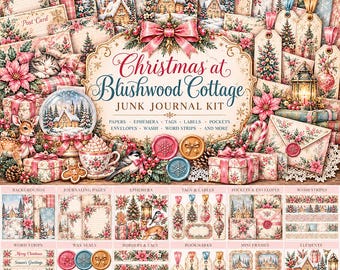 May include: A Christmas at Blushwood Cottage junk journal kit featuring decorative papers, ephemera, tags, labels, pockets, envelopes, washi, and word strips. The collection displays winter scenes, poinsettias, gifts, and holiday motifs.