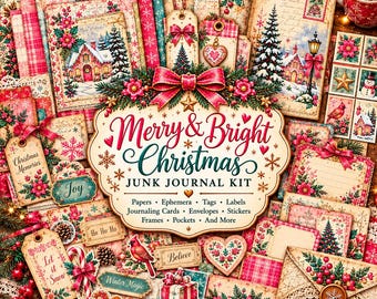 May include: A Christmas junk journal kit featuring a central sign with the text Merry & Bright Christmas Junk Journal Kit, surrounded by assorted decorative papers, tags, envelopes, stickers, and labels with poinsettia and winter motifs.