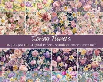 Paquete de papel con patrón digital sin costuras de flores de primavera
