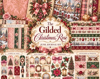 May include: A junk journal kit titled The Gilded Christmas Rose featuring assorted paper sheets, labels, tags, mini frames, ephemera, envelopes, and pockets. The collection displays festive holiday imagery including winter scenes, poinsettias, pinecones, ribbons, and nutcrackers in shades of red, green, pink, and gold.