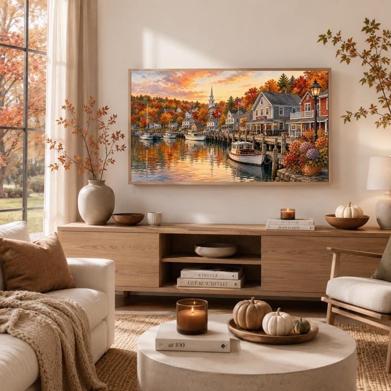 May include: A framed landscape painting depicting a coastal village at sunset with boats docked at a wooden pier, surrounded by autumn foliage in shades of orange and red. The scene includes a church steeple, houses, and a calm harbor reflecting the sky.