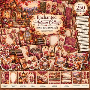 Op de afbeelding: Een Enchanted Autumn Cottage junk journal kit met meer dan 250 elementen, waaronder achtergrondpagina's, journaling-pagina's, ephemera, labels, zakjes, enveloppen, washi, randen, kant, mini-frames, bladwijzers en ansichtkaarten.