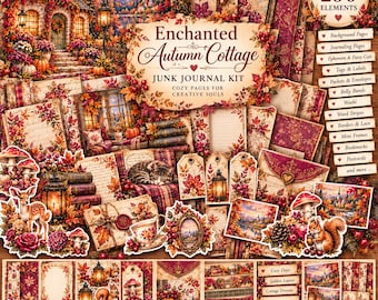 May include: An Enchanted Autumn Cottage junk journal kit featuring over 250 elements including background pages, journaling pages, ephemera, tags, labels, pockets, envelopes, belly bands, washi, word stripes, borders, lace, mini frames, bookmarks, and postcards.