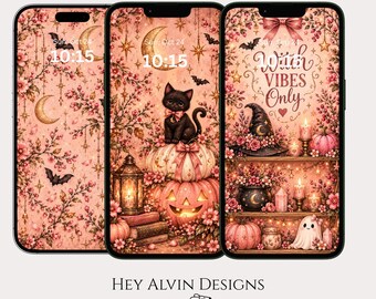 May include: Three smartphones displaying digital wallpaper designs in shades of pink and gold. The screens feature illustrations of black cats, pumpkins, bats, moons, stars, and a witch hat, with the text "Witch VIBES Only" on the right screen.