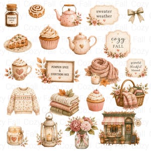 Puede incluir: Una colecci&oacute;n de ilustraciones con tem&aacute;tica oto&ntilde;al que incluye un frasco de especias de calabaza, un rollo de canela, teteras, cupcakes, una bufanda, un su&eacute;ter, velas, un farol, un ramo de flores, una cesta de picnic y un escaparate.