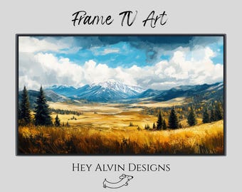 May include: A framed landscape painting featuring a mountain range under a blue sky with white clouds. The foreground shows a field of golden grass and scattered evergreen trees. Text at the top reads "Frame TV Art" and at the bottom "HEY ALVIN DESIGNS".