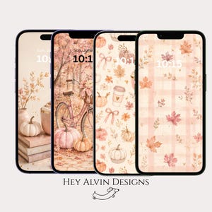 May include: Four smartphones displaying digital wallpaper designs in soft pink and cream tones. The screens feature autumn-themed illustrations including pumpkins, fallen leaves, a bicycle, coffee cups, and plaid patterns. The text Hey Alvin Designs is below.