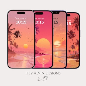 May include: Four smartphones displayed side-by-side, each featuring a digital wallpaper of a tropical beach at sunset with palm trees, a large sun, and birds in flight. The screens show the date Sun, June 24 and the time 10:15. Text reads HEY ALVIN DESIGNS.