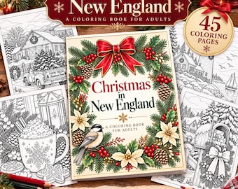 May include: A coloring book titled Christmas in New England featuring a cover with a red bow, pine branches, pinecones, poinsettias, and a chickadee. The book includes 45 coloring pages with winter scenes, a mug of cocoa, and a mailbox.