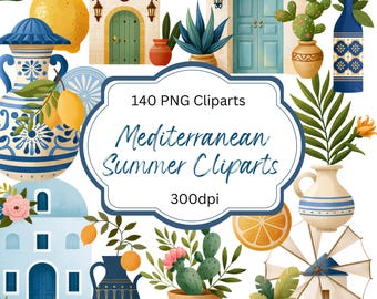 May include: A collection of Mediterranean-themed digital illustrations featuring blue and white pottery, lemons, cacti, terracotta pots, a windmill, and architectural elements with the text 140 PNG Cliparts Mediterranean Summer Cliparts 300dpi.