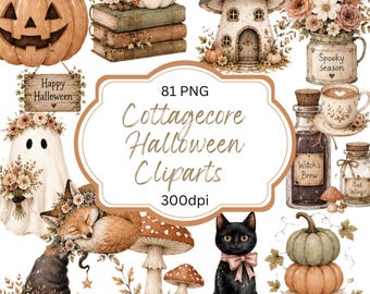 May include: A collection of Halloween-themed digital illustrations featuring a jack-o'-lantern, a stack of books, a mushroom house, a ghost, a fox, a black cat, pumpkins, and jars labeled Witch's Brew and Bat Wings with text 81 PNG Cottagecore Halloween Cliparts 300dpi.