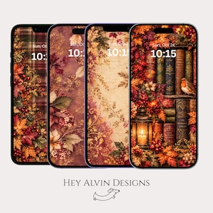 May include: Four smartphones displaying autumn-themed digital wallpapers featuring vibrant fall foliage, vintage book spines, a glowing lantern, and a small bird. The screens show the date Sun, Oct 24 and the time 10:15. Hey Alvin Designs is written below.