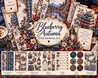 May include: A Blueberry Autumn junk journal kit featuring printable papers, ephemera, tags, labels, and wax seals. The collection includes images of a cabin by a lake, blueberries, autumn leaves, a bird, books, and a lantern in blue and brown tones.