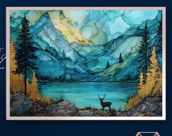 Blue Watercolor Mountain Landscape Art, Nature Wall Decor (Digital Download)