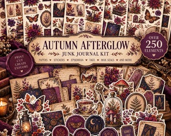 Puede incluir: Un kit de diario basura Autumn Afterglow con más de 250 elementos que incluyen papeles, pegatinas, efímeros, etiquetas y sellos de cera. La colección muestra motivos botánicos, mariposas, setas y vintage en tonos morados, naranjas y crema.