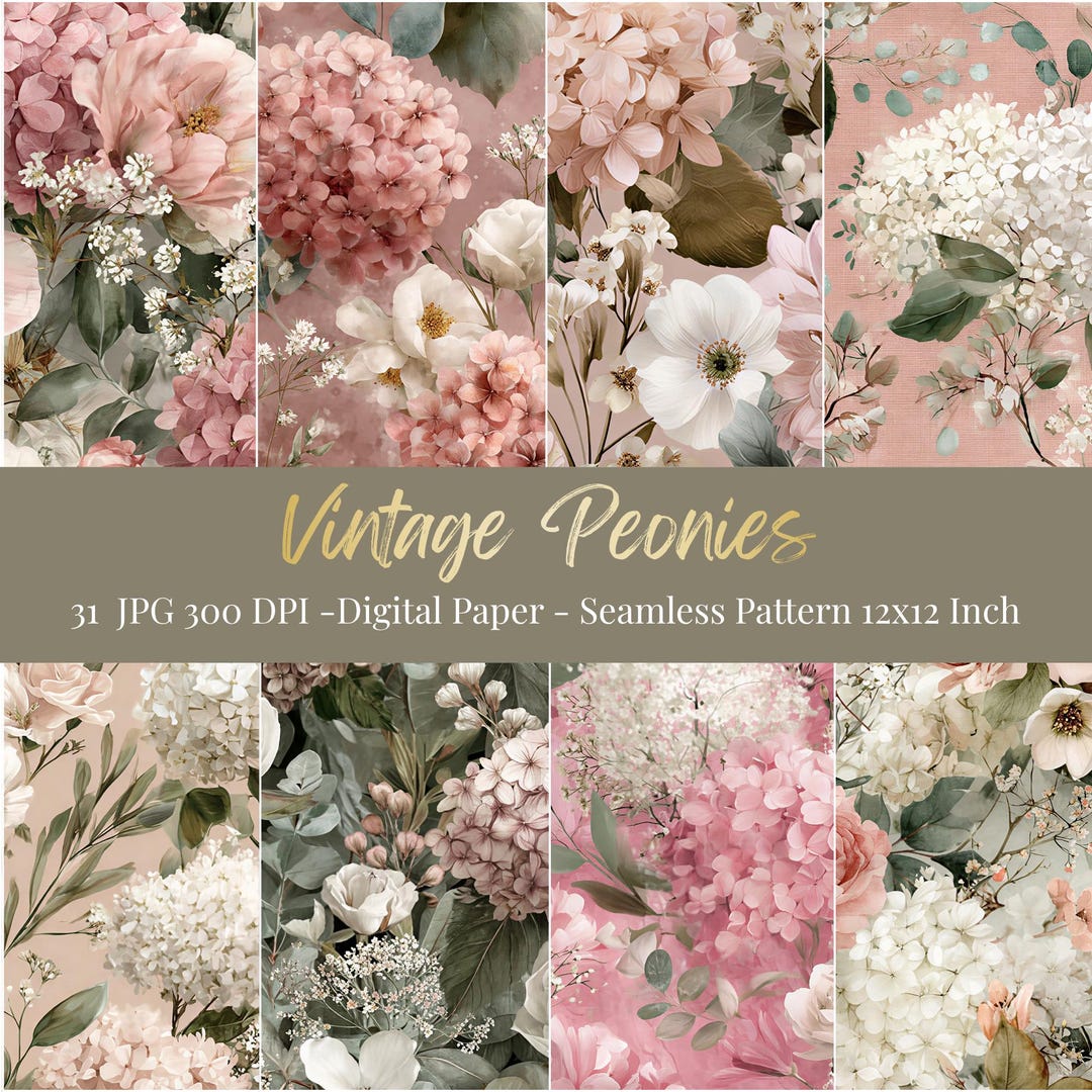 Peony Seamless Pattern Digital Paper, Shabby Chic, Romantic Floral ...