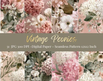 May include: A collection of digital papers featuring vintage peony floral designs. The papers showcase various arrangements of pink, white, and green flowers. The text "Vintage Peonies" is displayed in gold script, along with details about the digital paper size.