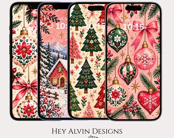 Fondos de pantalla navideños vintage para teléfono, fondos navideños de Pink Coquette, estética navideña, paquete de fondos de pantalla festivos para teléfono, descarga digital.