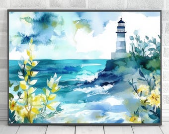 灯台に沿って描くぬり絵、水彩風景画のファインアートプリントと
