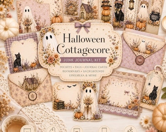 May include: A Halloween Cottagecore junk journal kit featuring paper ephemera, pockets, tags, journal cards, and bookmarks. The collection includes illustrations of ghosts, black cats, pumpkins, and cottages in a soft, vintage-inspired color palette.