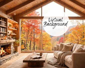 Puede incluir: Una imagen digital de una sala de estar acogedora con chimenea de piedra, estantes de madera y un sofá beige. Una ventana grande da a un bosque con follaje otoñal. El texto Virtual Background está superpuesto en un círculo blanco central.