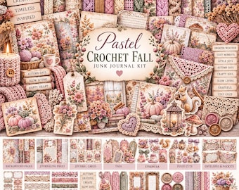 May include: A Pastel Crochet Fall junk journal kit featuring decorative papers, tags, and ephemera with floral, pumpkin, and crochet patterns in soft pinks and browns. Includes text labels like Cozy, Creative, Timeless, Inspired, and Sweater Weather.