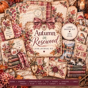 May include: A digital junk journal kit titled Autumn in Rosewood featuring various paper ephemera, tags, and envelopes decorated with autumn leaves, berries, mushrooms, a robin, a cat, and a lake scene, with text including Collect Beautiful Moments.