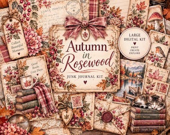 May include: A digital junk journal kit titled Autumn in Rosewood featuring various paper ephemera, tags, and envelopes decorated with autumn leaves, berries, mushrooms, a robin, a cat, and a lake scene, with text including Collect Beautiful Moments.